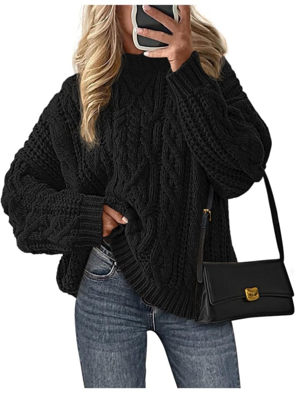 Women's Black Cozy Long Sleeve Loose Fitting Classic Crew Neck Fall Sweaters